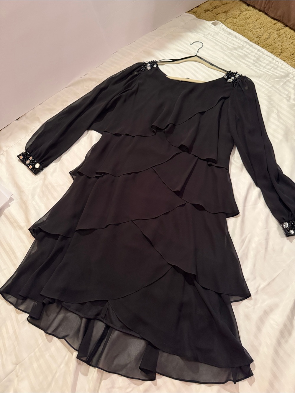 S.L. Fashions Black Tiered Long-Sleeve Dress with Beaded Shoulders